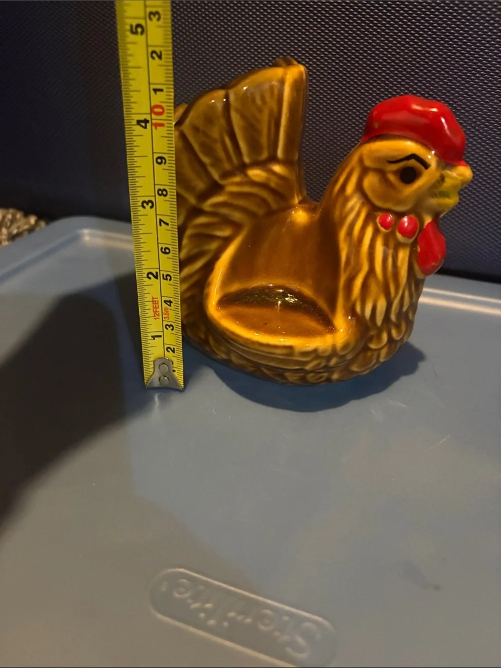 Vintage Ceramic Hen Napkin holder with spots for shakers- Yellow and Red
